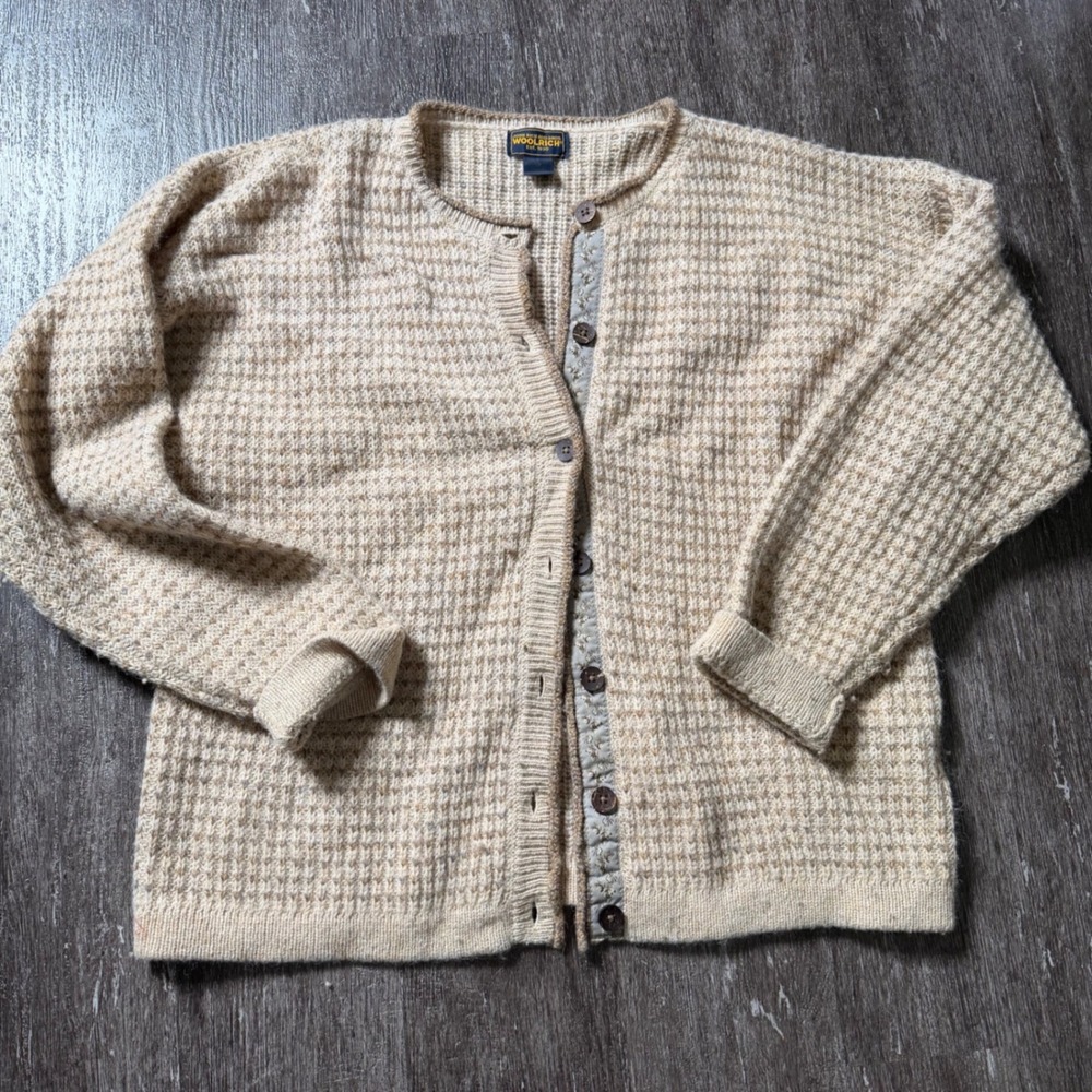 Woolrich Cardigan Women XL Beige Waffle Knit Floral Trim Wool Blend Vintage